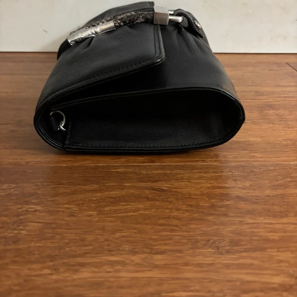 Tahari Black Leather Ruched Clutch Silver Chain Shoulder Bag